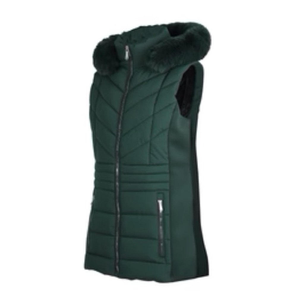 0847.  Women's Green Puffer Vest with Faux Fur Trim